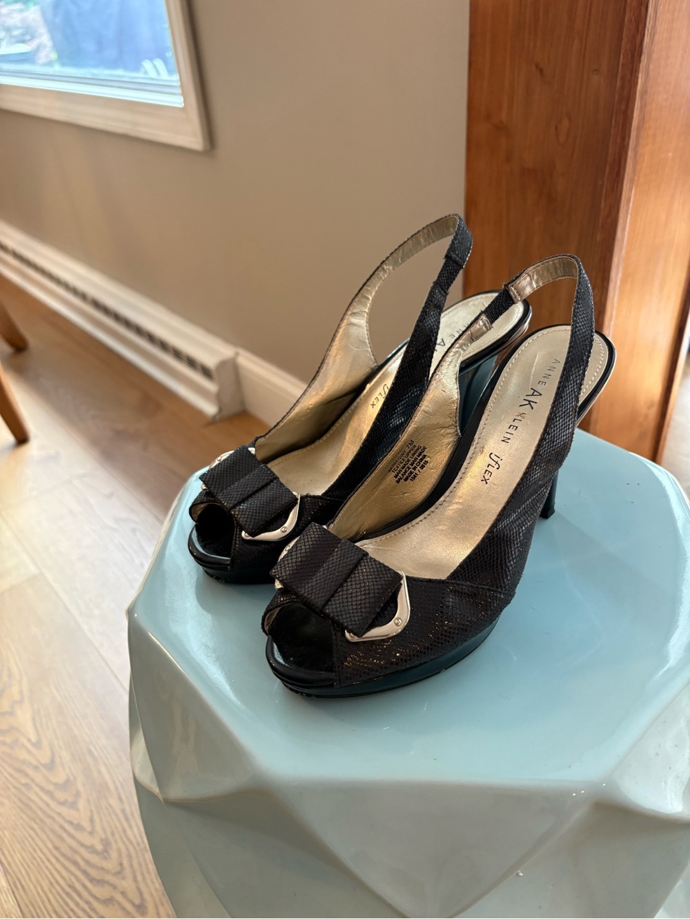 Anne Klein Black Peep-Toe Slingback Heels with Bow Accent